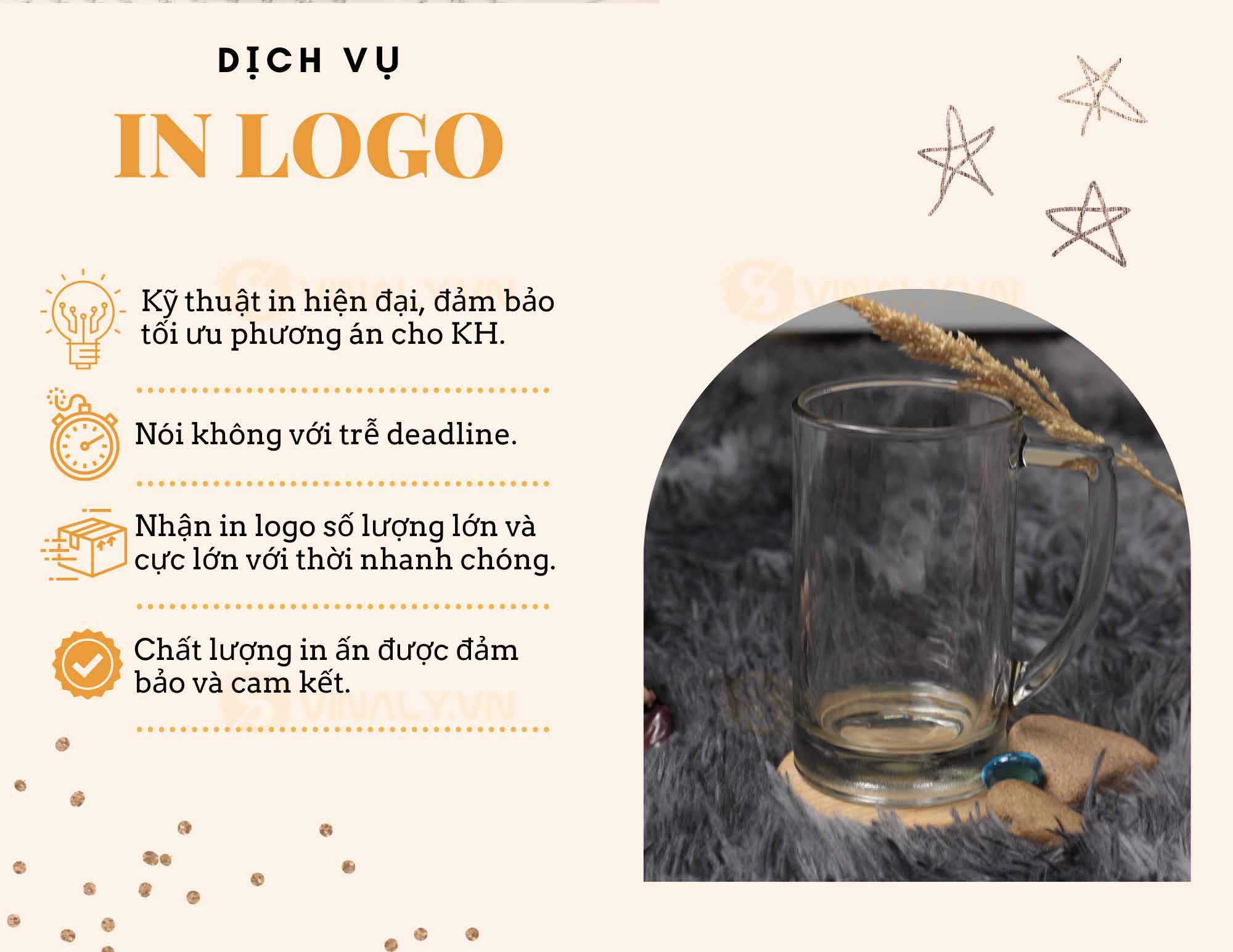 CỐC THỦY TINH IN LOGO QUAI GÓC PHẦN TƯ TRƠN