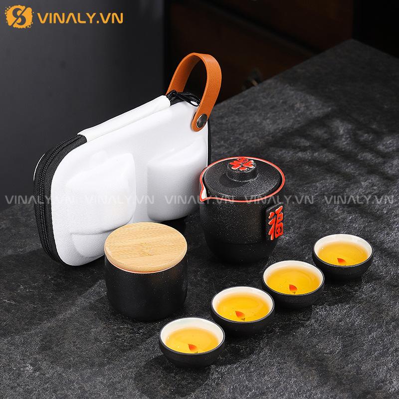 PHÚC TÂM - BỘ ẤM CHÉN DU LỊCH TÔNG ĐEN SANG TRỌNG 11 Bộ ấm chén du lịch kèm túi đựng