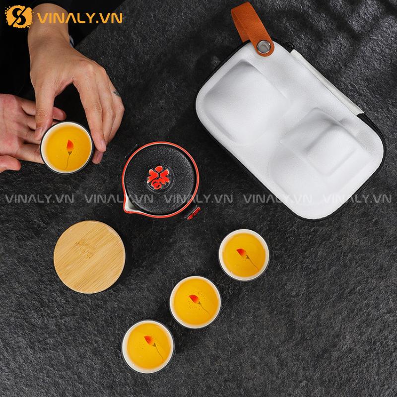 PHÚC TÂM - BỘ ẤM CHÉN DU LỊCH TÔNG ĐEN SANG TRỌNG 16 Bộ ấm chén du lịch tông đen