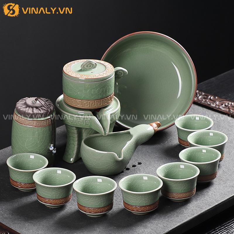 NGỌC ĐẠO - BỘ TÁCH TRÀ MEN SỨ XANH KÈM CỐI XAY 13 Bộ tách trà men sứ cao cấp