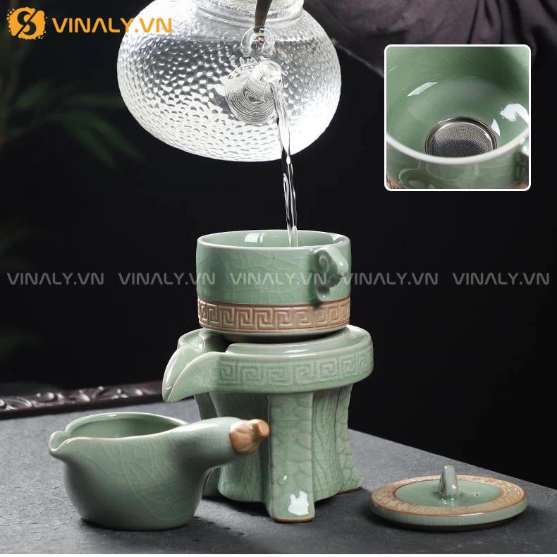 NGỌC ĐẠO - BỘ TÁCH TRÀ MEN SỨ XANH KÈM CỐI XAY 11 Bộ tách trà sang trọng