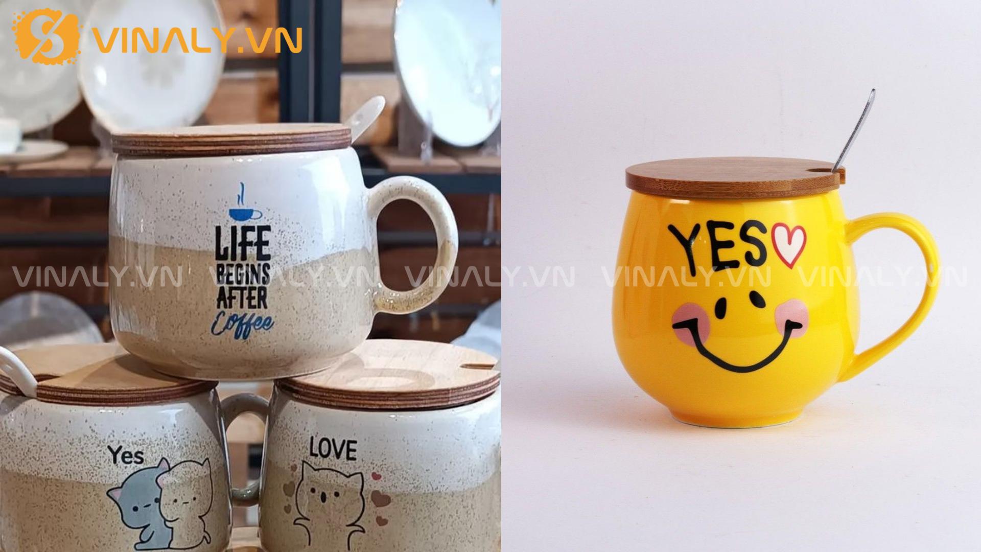 Top 5 mẫu ly sứ Cafe giá sỉ in logo đẹp và bền 4 Ly sứ có nắp và muỗng kèm