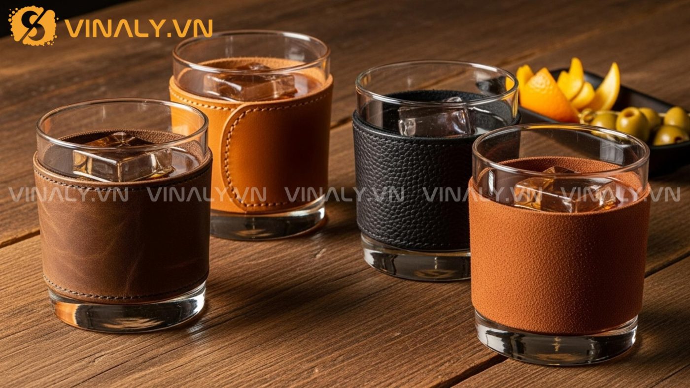 Ly thủy tinh bọc da cao cấp – Quà tặng đối tác đẳng cấp 6 Ly bọc da cho các đồ uống cocktail, đá hoặc “rocks” set 4
