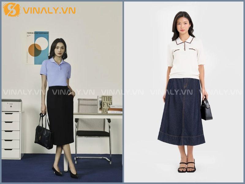 Cách Phối Đồ Áo Polo Cho Môi Trường Công Sở Hiện Đại 6 Chân váy chữ A thanh lịch cho các cô nàng công sở
