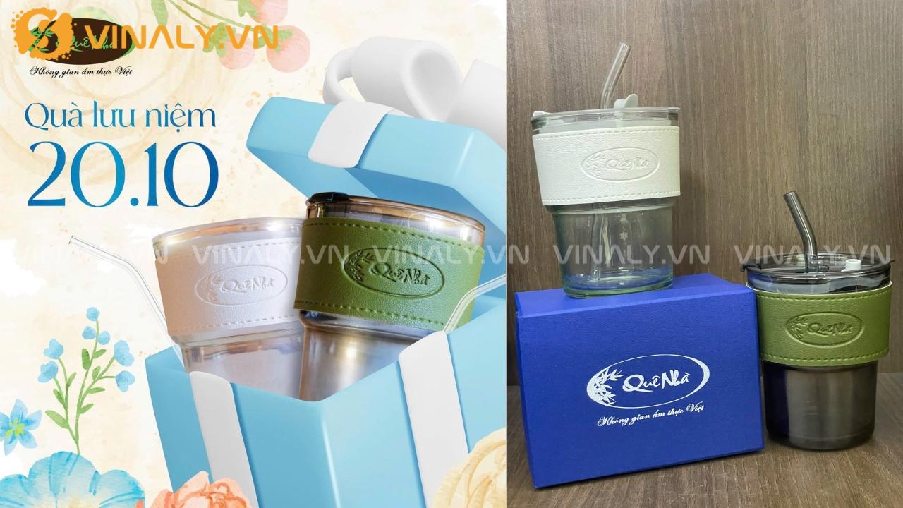 Vinaly hoàn thiện dự án in logo ly thủy tinh bọc da Quê Nhà 3 Sản phẩm ly thủy tinh in logo bọc da hoàn thiện thực tế
