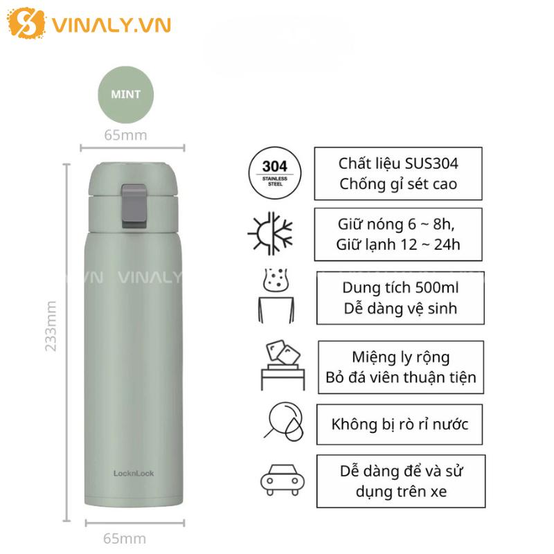 BGN-LL-04-01 | BÌNH LOCKNLOCK GIỮ NHIỆT ROUND ONE-TOUCH TUMBLER 500ML - MÀU MINT 15 Thiết kế một nút bấm thông minh, tiện lợi cho người dùng