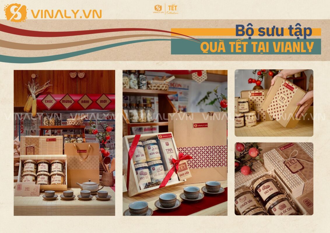 BST quà Tết Vinaly 2026 gồm nhiều set quà và hộp quà thiết kế màu craft hơi hướng retro, chất liêu chủ yếu là gỗ, mành tre, giấy craft...