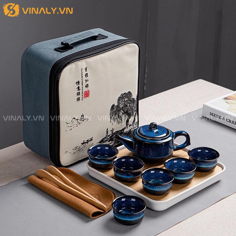 Vinaly.vn - Công Xưởng Quà Tặng Doanh Nghiệp 691 SET ẤM TRÀ DU LỊCH TRÁNG MEN XANH TIANMU CAO CẤP KUNGFU 4 CỐC CAO CẤP