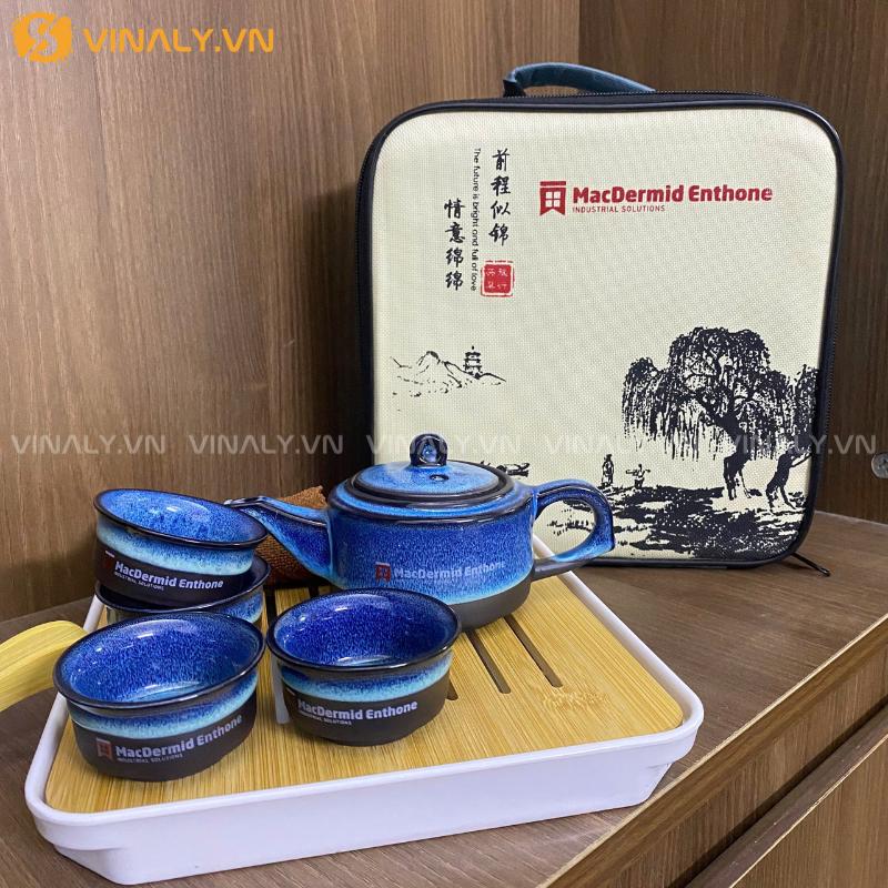 SET ẤM TRÀ DU LỊCH TRÁNG MEN XANH TIANMU CAO CẤP KUNGFU 4 CỐC 16 IN LOGO LÊN BỘ ẤM TRÀ MINI LÀM QUÀ TẶNG