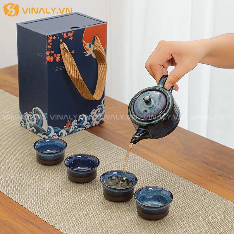 SET ẤM TRÀ DU LỊCH TRÁNG MEN XANH TIANMU CAO CẤP KUNGFU 4 CỐC 14 BỘ ẤM TRÀ DU LỊCH THƯỞNG TRÀ CHUẨN VỊ MỌI LÚC MỌI NƠI