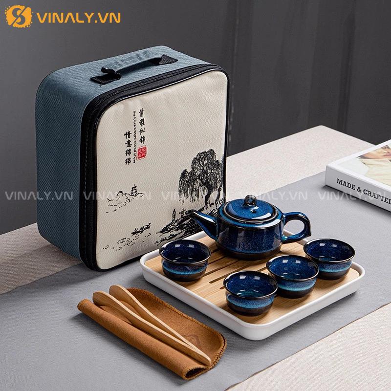 Vinaly.vn - Công Xưởng Quà Tặng Doanh Nghiệp 692 SET ẤM TRÀ DU LỊCH TRÁNG MEN XANH TIANMU CAO CẤP KUNGFU 4 CỐC TIỆN LỢI