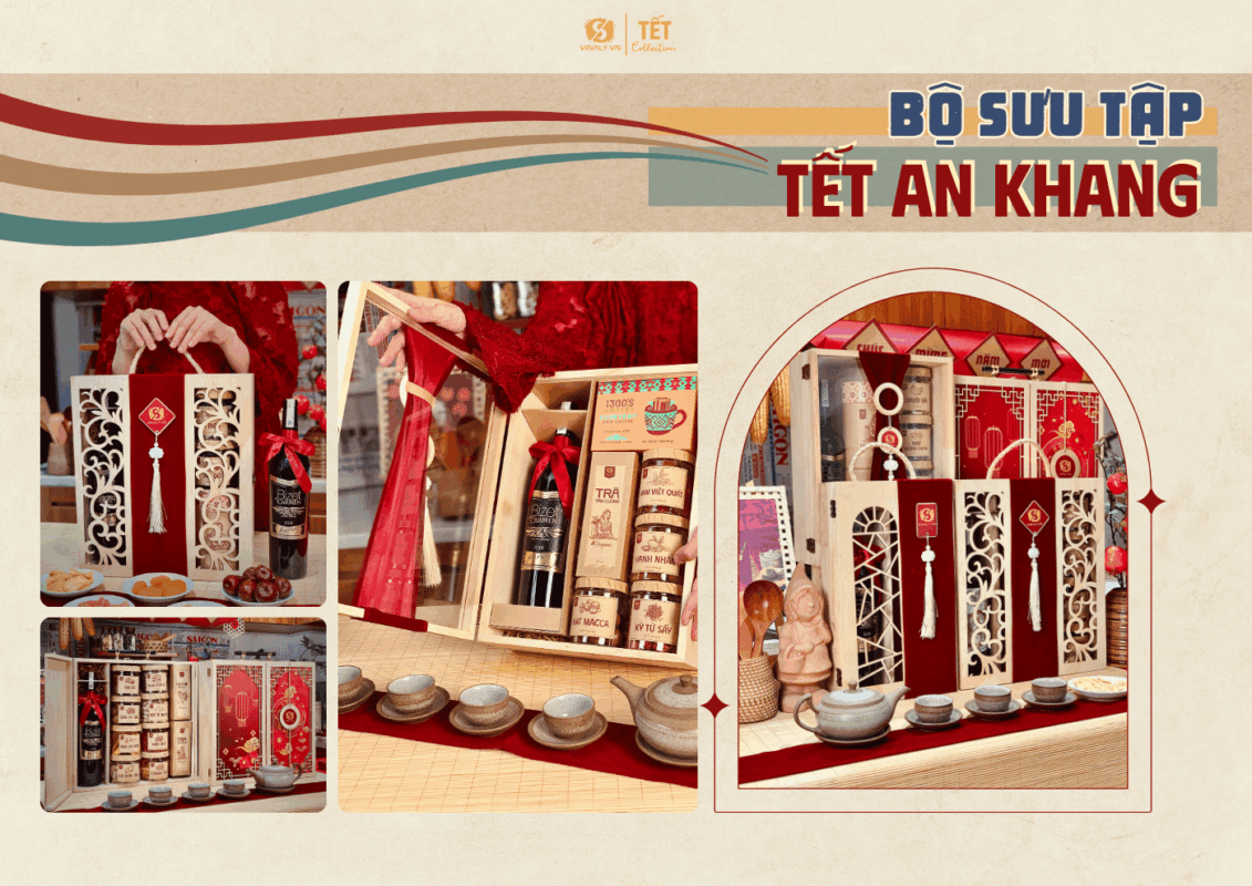 set quà Tết An Khang gồm rượu, hũ hạt mứt tết, trà và hộp gỗ được cắt CNC theo những thiết kế sang trọng.