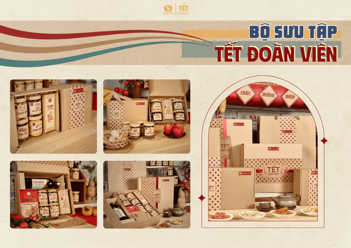 quà Tết chủ đề Đoàn Viên với các set quà ấm áp và thiết kế hộp carton và màu truyền thống