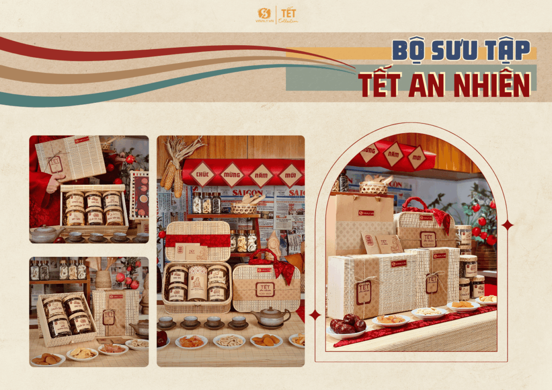 mẫu quà Tết An Nhiên 2026 gồm hộp quà mành tre, mây tre đan, hạt mứt tết, trà...