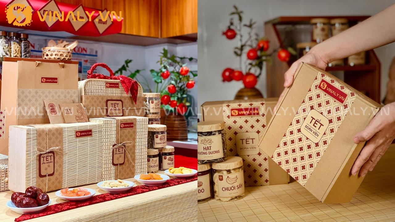 Hộp quà Tết thiết kế cao cấp với bao bì giấy kraft họa tiết truyền thống