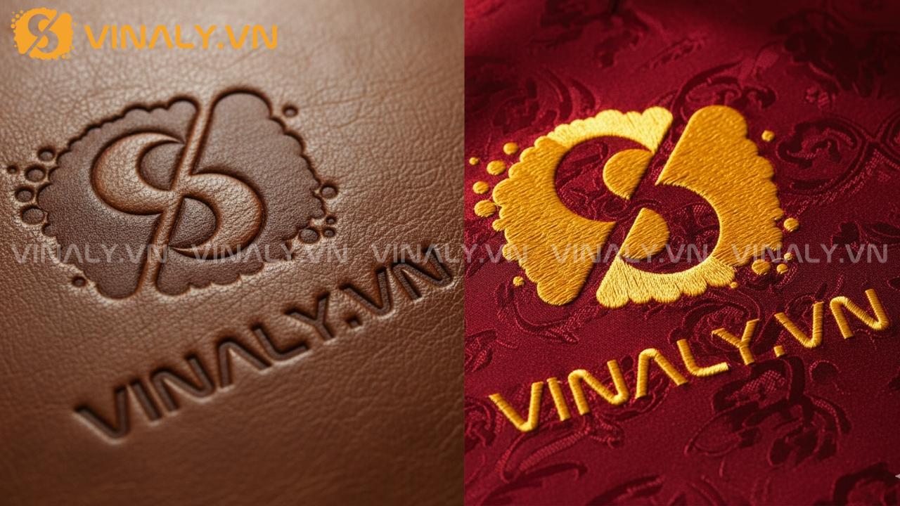 In logo Vinaly dập nổi và thêu chỉ cao cấp.