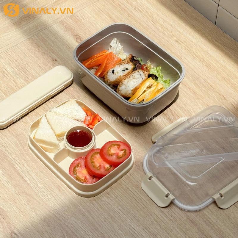 HCGN-04-01 | HỘP ĐỰNG SALAD 2 TẦNG KÈM DỤNG CỤ ĂN UỐNG TÔNG PASTEL ĐẸP MÀU BE