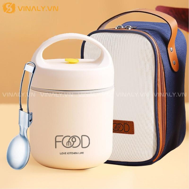 HCGN-11-01 | HỘP CƠM GIỮ NHIỆT ĐẸP INOX CẦM TAY MÀU BE KÈM TÚI GIỮ NHIỆT CHO NGƯỜI BẬN RỘN