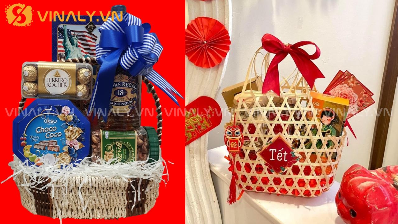 Giỏ quà Tết doanh nghiệp được gói sẵn với bánh kẹo, rượu và hạt cao cấp, phù hợp biếu tặng dịp cuối năm