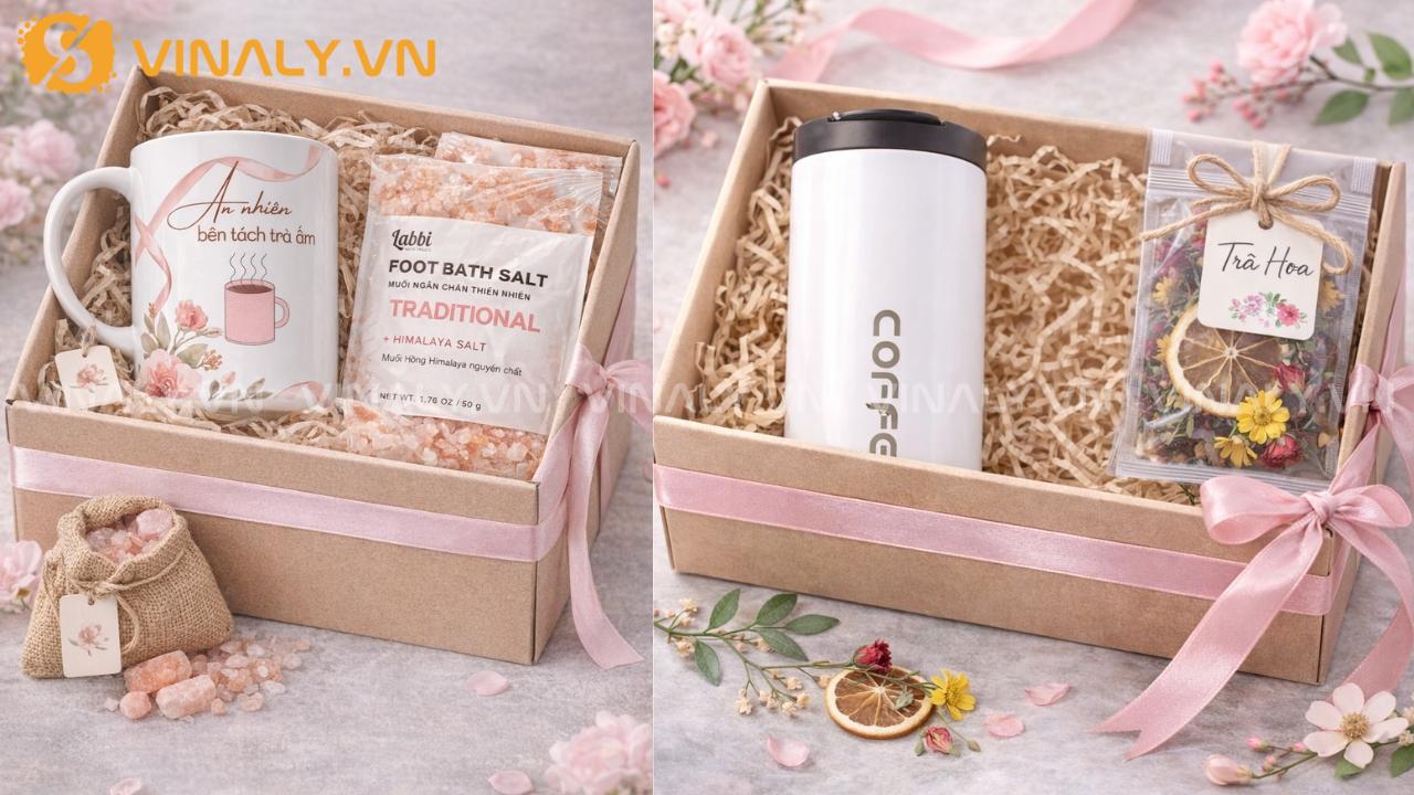 mẫu hộp quà tặng 8/3 cho công nhân giá 100k đến 200k gồm bình giữ nhiệt và trà hoa