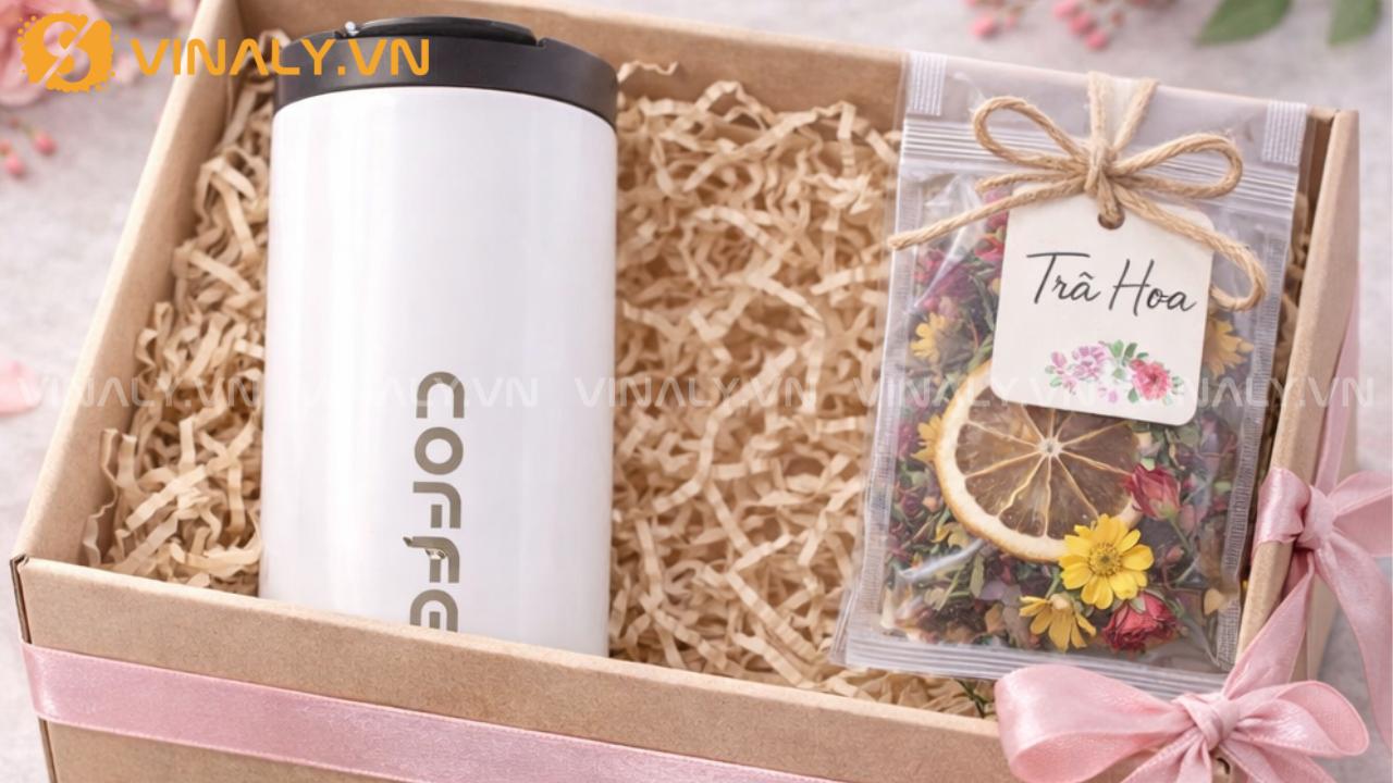 quà tặng doanh nghiệp 8/3 dưới 200k gồm bình giữ nhiệt và trà hoa