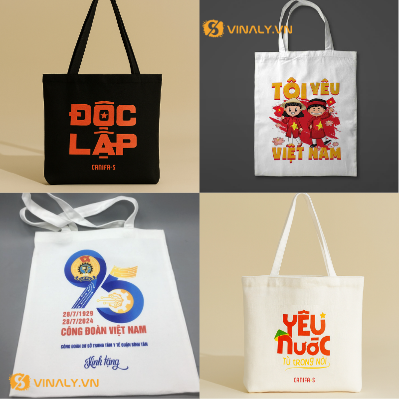 Mẫu túi vải in logo công đoàn và câu yêu nước làm quà 30/4 
