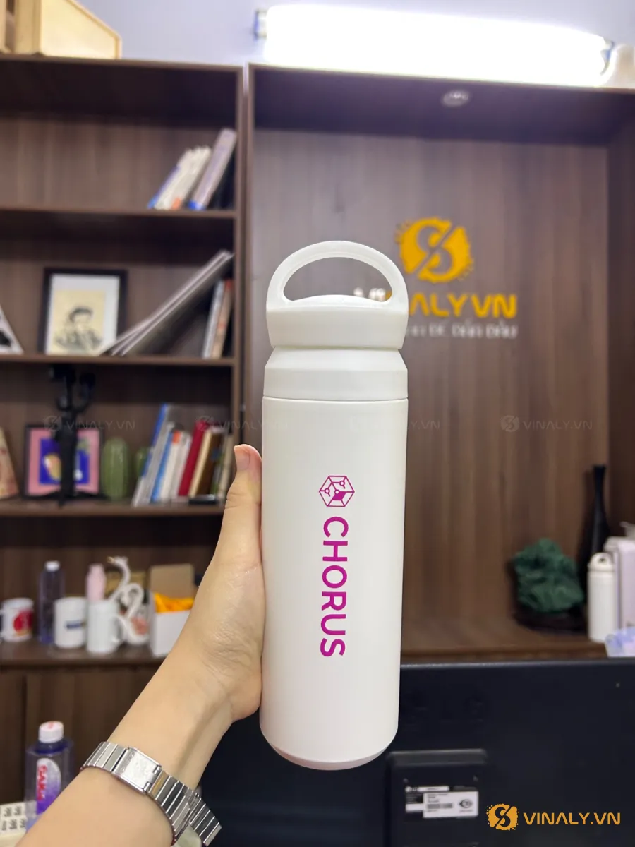 BÌNH GIỮ NHIỆT NẮP KÈM QUAI XÁCH - Màu BE – in logo – mẫu 3