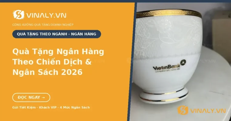 quà tặng ngân hàng in logo — ly sứ trắng viền vàng in logo VietinBank do xưởng Vinaly sản xuất