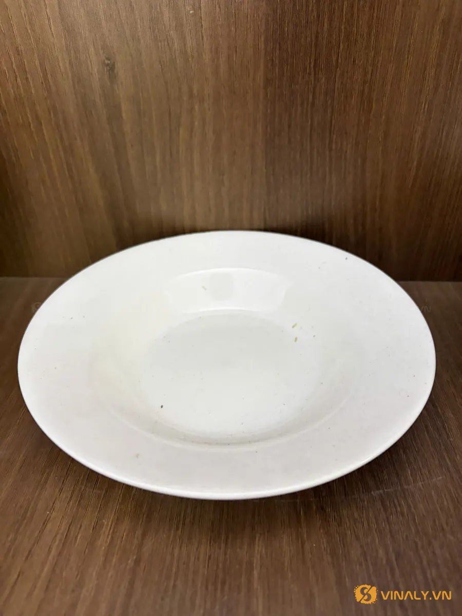 Dĩa sứ 7 sâu 6 Hình ảnh dĩa sứ 7 sâu in logo màu trắng, lòng đĩa sâu đặt trên nền gỗ nâu, thích hợp làm quà tặng doanh nghiệp.