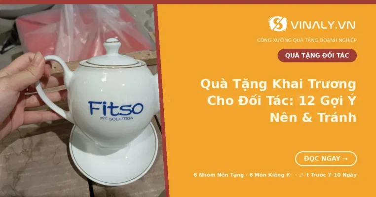 Quà tặng khai trương cho đối tác: bộ ấm trà sứ in logo doanh nghiệp tại xưởng Vinaly
