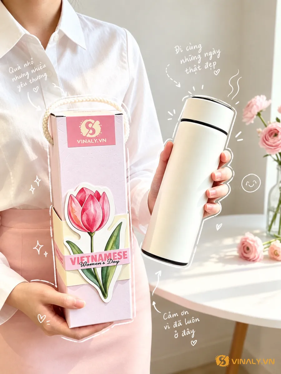 Người phụ nữ cầm bình giữ nhiệt màu trắng trơn 350ml khắc logo và hộp quà hồng tinh tế, món quà ý nghĩa cho ngày đặc biệt.