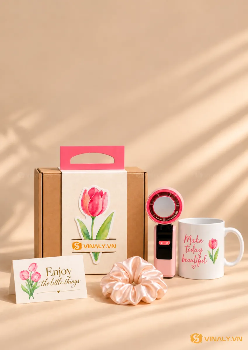 Set Quà Tặng Phụ Nữ Cao Cấp, cho Đối tác, khách hàng 3 Bộ quà tặng doanh nghiệp gồm ly sứ trắng in logo hoa tulip hồng, quạt mini cầm tay, hộp giấy, scrunchie và thiệp chúc mừng