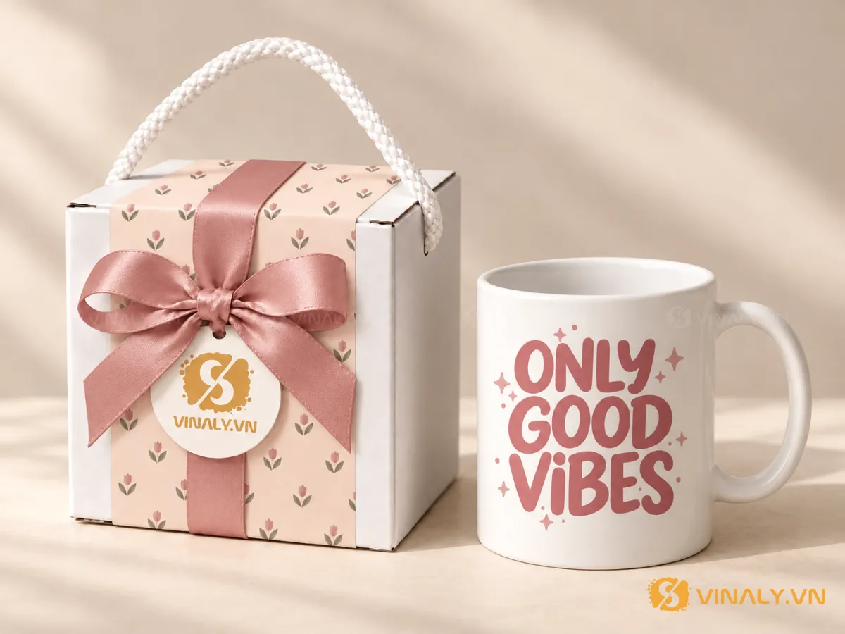 Set Quà Tặng Ly Sứ Cao Cấp Phụ Nữ 20/10 8/3 16 Ly sứ trắng in logo với dòng chữ "ONLY GOOD VIBES" màu hồng, đặt cạnh hộp quà trắng thắt nơ hồng và họa tiết hoa nhỏ xinh.