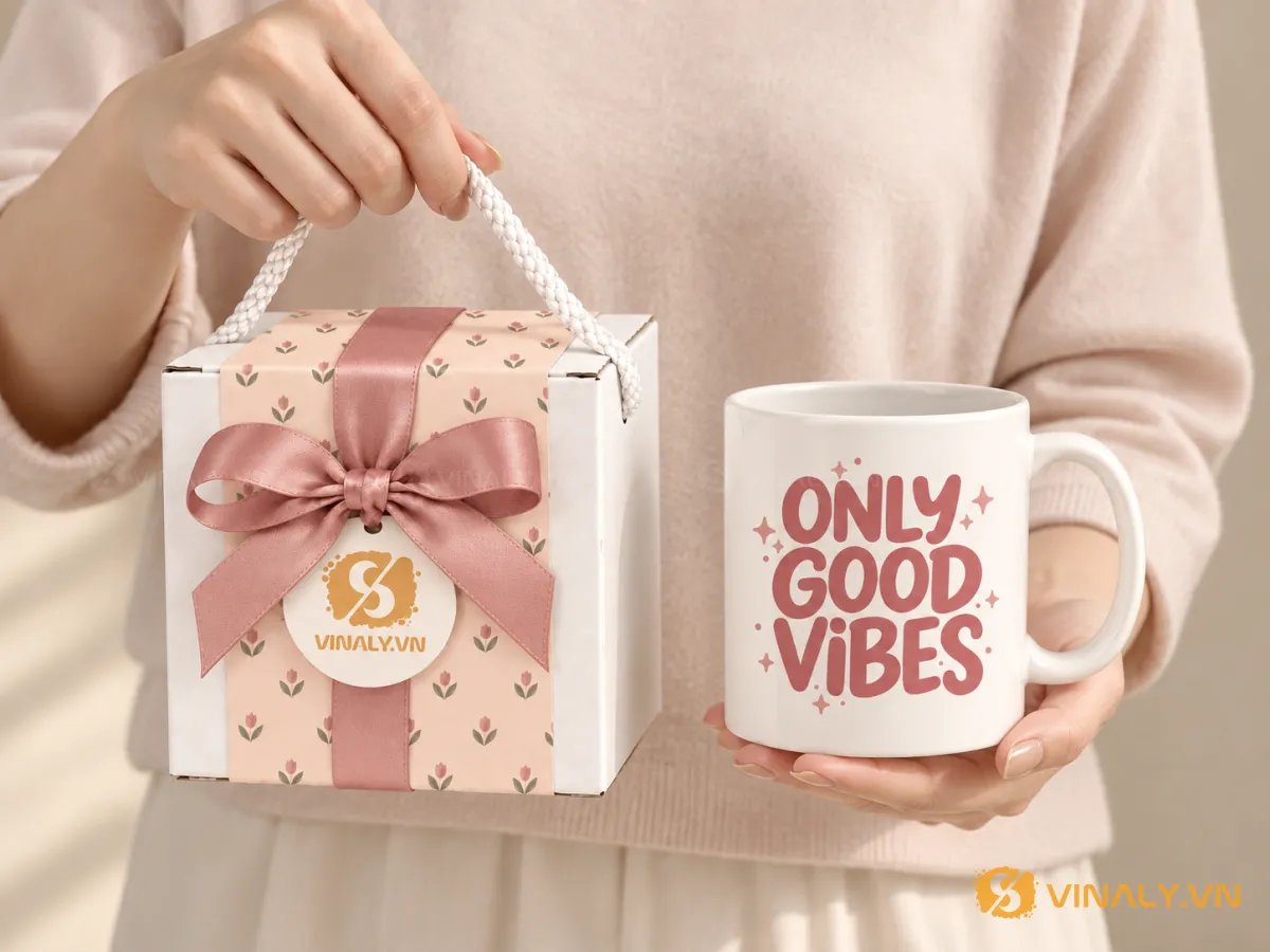 Set Quà Tặng Ly Sứ Cao Cấp Phụ Nữ 20/10 8/3 17 Người phụ nữ cầm ly sứ trắng in logo chữ hồng 'ONLY GOOD VIBES' và hộp quà màu hồng nhạt, phù hợp làm quà tặng doanh nghiệp.