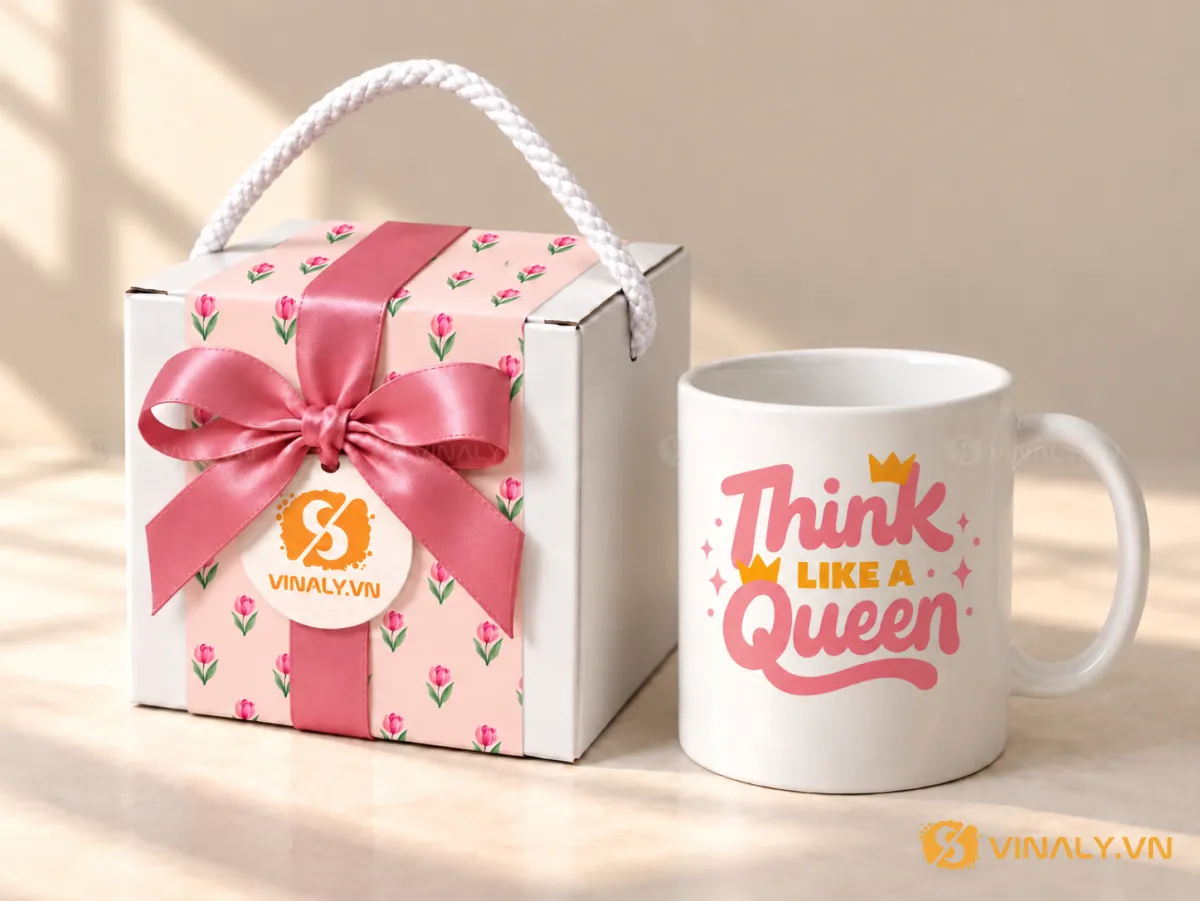 Set Quà Tặng Ly Sứ Cao Cấp Phụ Nữ 20/10 8/3 18 Ly sứ trắng quai tròn in chữ "Think like a Queen" màu hồng, đặt cạnh hộp quà thắt nơ. Ly sứ trắng in logo ý nghĩa.