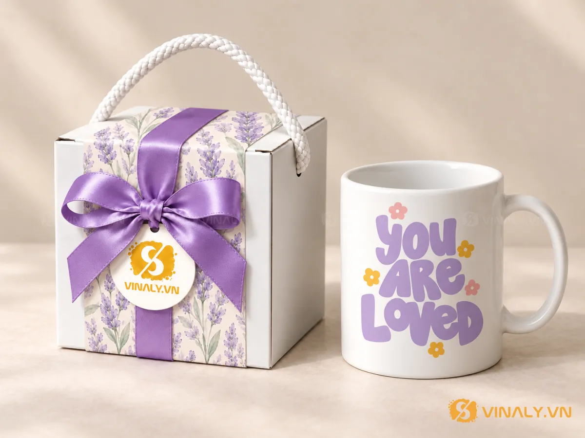 Set Quà Tặng Ly Sứ Cao Cấp Phụ Nữ 20/10 8/3 19 Ảnh chụp cận cảnh một chiếc ly sứ trắng in logo với dòng chữ 'You Are Loved' và họa tiết hoa màu tím, hồng, vàng, đặt cạnh
