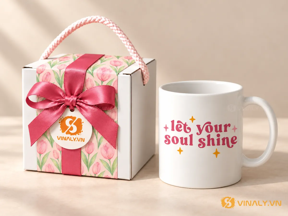 Set Quà Tặng Ly Sứ Cao Cấp Phụ Nữ 20/10 8/3 20 Ly sứ trắng in logo với dòng chữ "let your soul shine" màu hồng, đặt cạnh hộp quà trắng họa tiết hoa tulip hồng, nơ ruy băng.