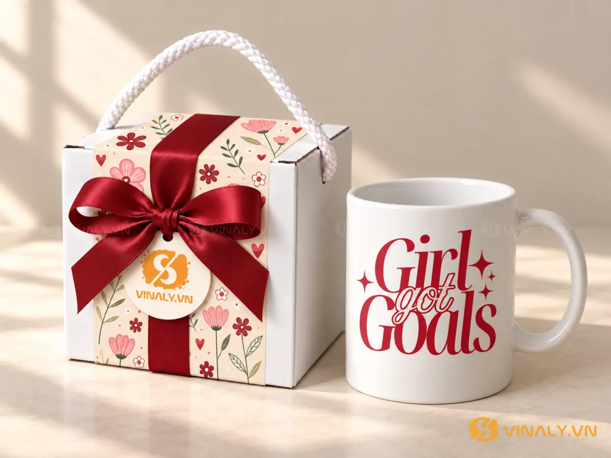 Set Quà Tặng Ly Sứ Cao Cấp Phụ Nữ 20/10 8/3 11 Ly sứ trắng in logo chữ đỏ "Girl Got Goals" quai tròn, đặt cạnh hộp quà hoa văn, ruy băng đỏ và quai xách trắng.