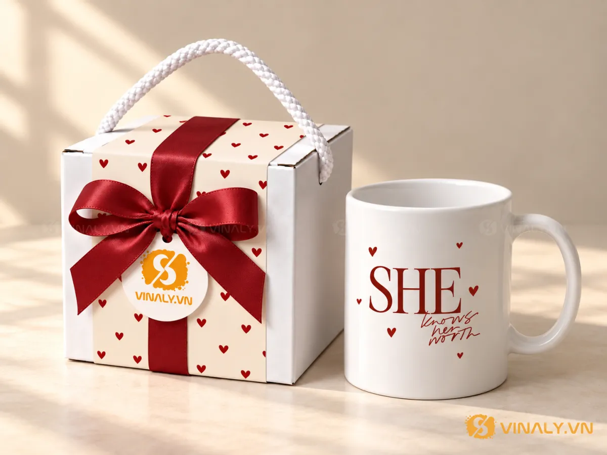 Set Quà Tặng Ly Sứ Cao Cấp Phụ Nữ 20/10 8/3 13 Ly sứ trắng quai tròn in logo chữ đỏ "SHE knows her worth" và họa tiết trái tim, đặt cạnh hộp quà trắng thắt nơ đỏ tinh tế.