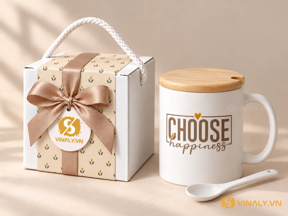 Hộp quà tặng chứa set ly sứ trắng có nắp gỗ và thìa in logo, trang trí nơ và họa tiết hoa văn tinh tế, phù hợp làm quà 2026.