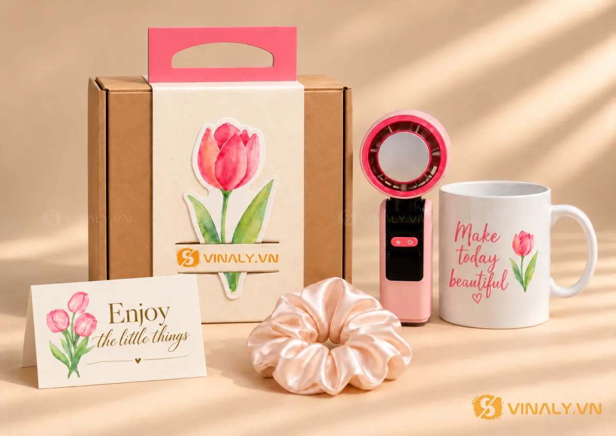 Set Quà Tặng Phụ Nữ Cao Cấp, cho Đối tác, khách hàng 2 Ảnh chụp set quà tặng ly sứ quạt mini in logo màu hồng và trắng, kèm hộp giấy, dây buộc tóc, thiệp trên nền be nhạt.