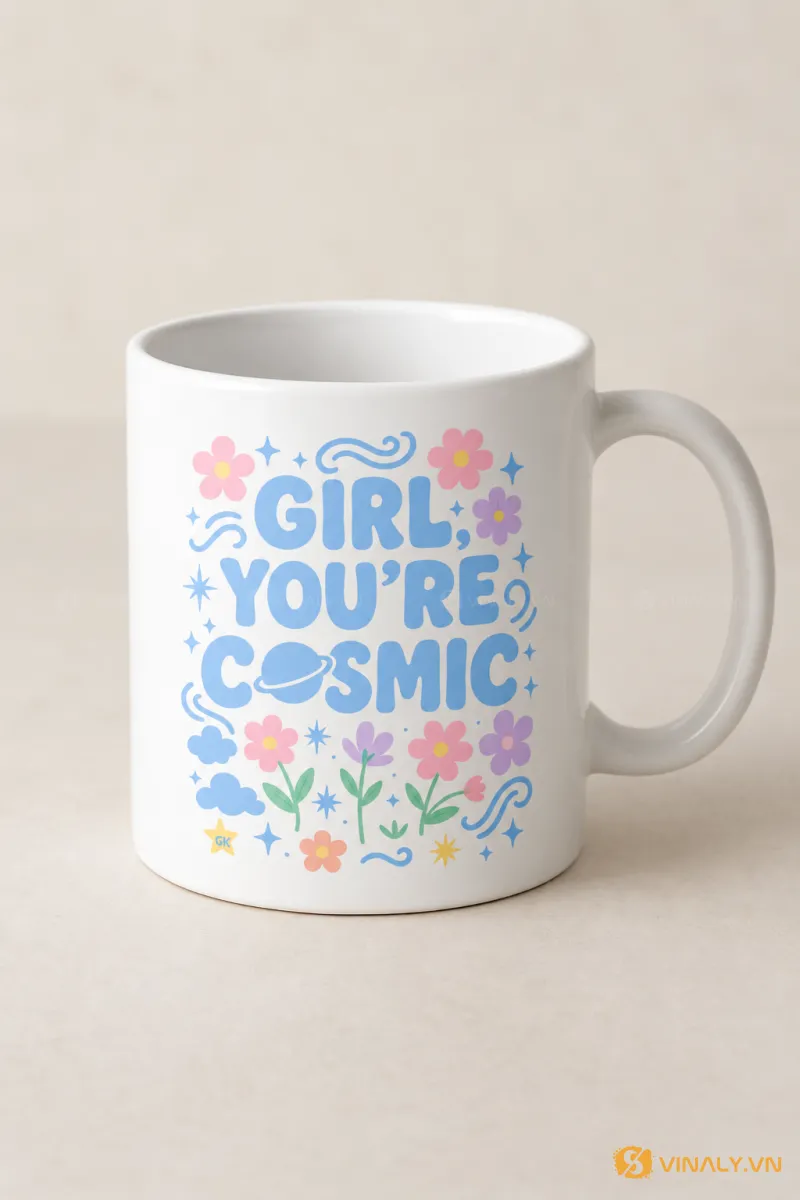 Set Quà Tặng Ly Sứ Cao Cấp Phụ Nữ 20/10 8/3 7 Ly sứ trắng quai tròn in logo họa tiết "Girl, You're Cosmic" nhiều màu sắc, hình hoa, sao, mây, hành tinh trên nền trắng