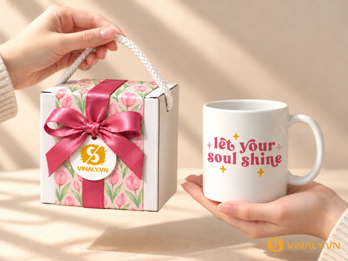 Set Quà Tặng Ly Sứ Cao Cấp Phụ Nữ 20/10 8/3 21 Đôi tay nâng niu set quà tặng ly sứ in logo "let your soul shine" màu hồng, kèm hộp hoa tulip và ruy băng hồng sang trọng.